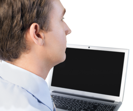 Portrait of young handsome businessman using laptop isolated on white background