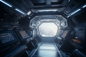 Futuristic spaceship interior with window showing Earth, rendered in 3D. Generative AI