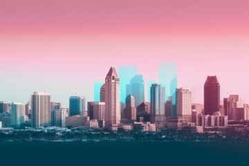 San Diego's iconic skyline is depicted with transparent layers in a gradient format, showcasing the city's landmarks. Generative AI
