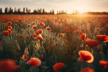 Fototapeta na wymiar Stunning artwork depicting a summer field of bright poppies. Generative AI