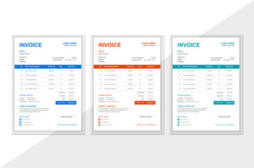 Modern business invoice layout in three attractive color variations.