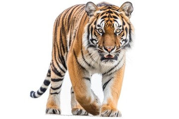 Fototapeta na wymiar majestic tiger walking on a blank white background. Generative AI