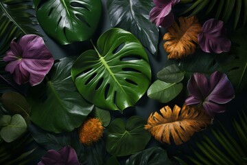 Seamless creative composition of flowers, featuring isolated monstera leaves. Top view flat lay with wallpaper feel and copy space. Generative AI
