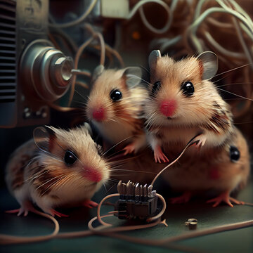 Hamsters with wires and cables. 3d rendering. Computer digital drawing.