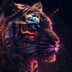 Tiger with colorful lights and fire effect. Digital painting. 3D illustration.