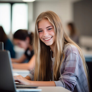 Happy high school girl using laptop in classroom, blonde hair, classroom