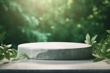 Empty round grey marble podium for product mock-up display with green forest theme background  - generative ai