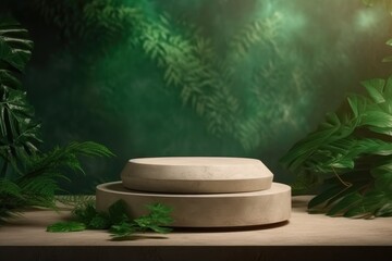Empty round sandstone podium for product mock-up display with green leaf theme background  - Generative AI