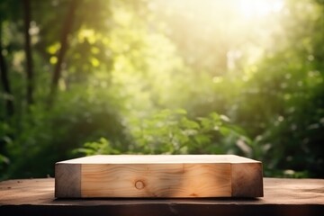 Empty square podium with woodgrain for product display. Outdoor dappled sunlit forest setting for natural, organic, spa, aroma, health, care, cosmetic, beauty background - Generative AI