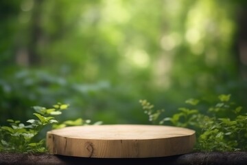 Empty round wooden podium for product display. Outdoor sunlit forest setting for natural, organic, spa, aroma, health, care, cosmetic, beauty background - Generative AI