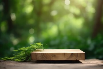 Wooden podium for natural organic product display. Outdoor dappled sunlit forest setting for natural, organic, spa, aroma, health, care, cosmetic, beauty background - Generative AI