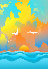 Fototapeta na wymiar Painting in vector. Sea and seagulls. Abstract illustration with linear waves.