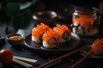 A dish of salmon roe on a bed of rice and a sushi roll containing salmon roe. Generative AI