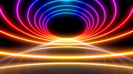 Sci Fy neon glowing lines in a dark tunnel. Reflections on the floor and ceiling. 3d rendering image. Abstract glowing lines. Techology futuristic background.