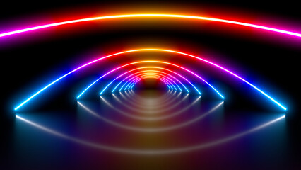 Sci Fy neon glowing lines in a dark tunnel. Reflections on the floor and ceiling. 3d rendering image. Abstract glowing lines. Techology futuristic background.