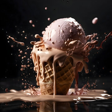 ice cream splashing out of a waffle cone on a dark background