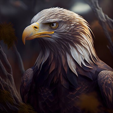 Portrait of an eagle sitting on a branch of a tree.