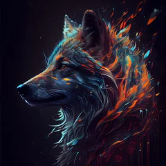 Foto op Plexiglas Portrait of a wolf with fire on a black background. illustration. © Waqar
