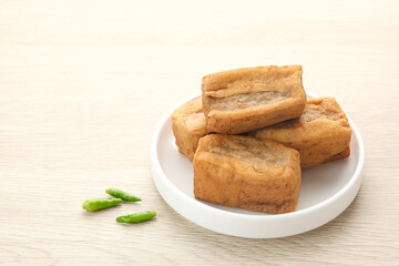 Tahu Bakso, made from tofu filled with meatball dough, served with chili. Indonesian traditional food 
