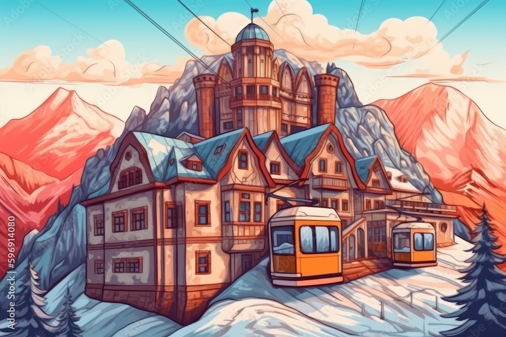 Poster train passing by a towering building. generative ai