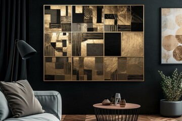 Contemporary canvas mural with scratched golden squares & lines. A modern 3D framed wall art. Generative AI
