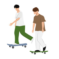 Two isolated flat vector male characters with skateboards, Skateboarding flat vector illustration on white background