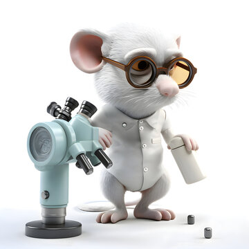 3D illustration of a cute cartoon mouse scientist with a microscope and a flask