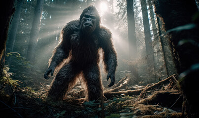 Bigfoot Roaring in a Forest. Generative AI - obrazy, fototapety, plakaty