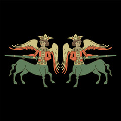 Symmetrical ethnic design with two fantastic warrior centaurs. Russian medieval folk design. On black background.