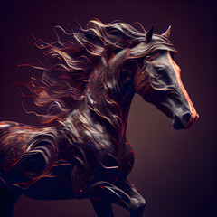 Horse with mane made of metal. 3D rendering.
