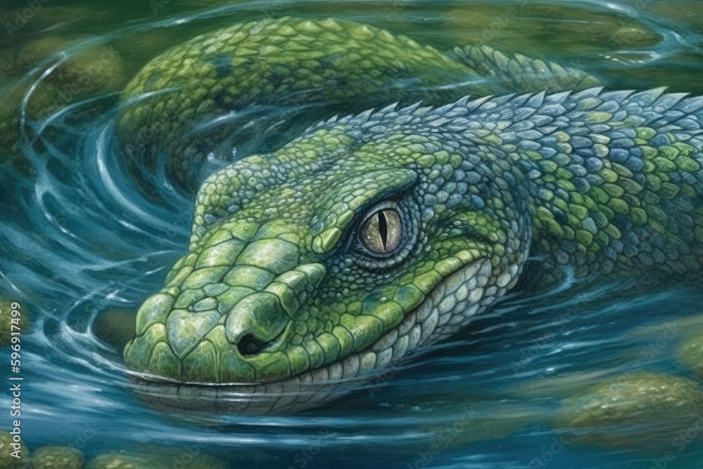 Poster green snake swimming in a body of water. Generative AI