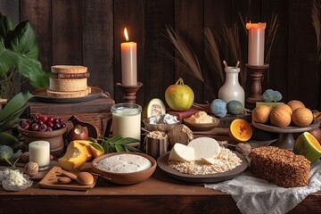 festive table filled with food and candles. Generative AI