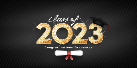 graduation 2023, Class of 2023 gold design vector text, congratulation event, T-shirt, party, high school or college graduate. Lettering for greeting, invitation card