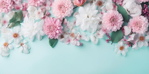 Flowers composition. Frame made of rose flowers on pastel blue background. Valentines day, mothers day, woman day, spring concept. Flat lay, top view, copy space by ai generative