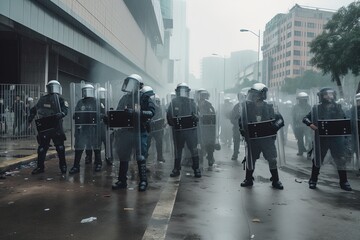 Riot Police during a people demonstration by ai generative - obrazy, fototapety, plakaty