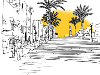 Nice view of the Old Jaffa, Tel Aviv, Israel. Hand drawn sketch. Line art. Urban sketch. Vector illustration on yellow. Vintage Postcards style. Urban landscape without people. - 596918624