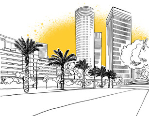 Urban landscape. Nice view on the modern Tel Aviv, Israel. Urban sketch. Hand drawn line sketch. Vector illustration on yellow.
