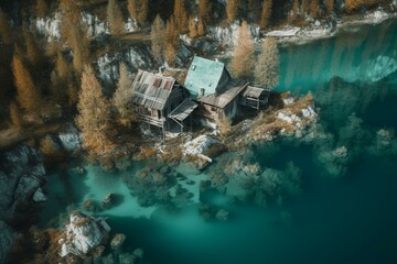 Bird's-eye view of pristine aqua lake with a dwelling built on its shore. Generative AI