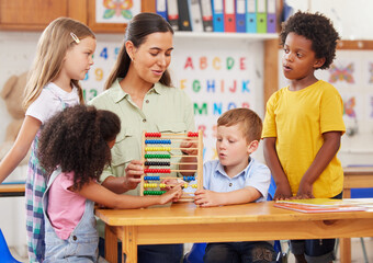 Preschool provides a foundation for learning both socially and academically. Shot of a young woman...