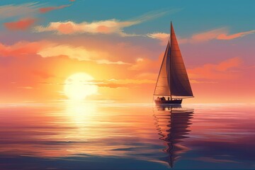 Fototapeta na wymiar A beautiful image of a sailboat navigating through calm waters at sunrise. Generative AI. 