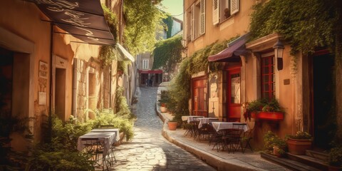 Fototapeta na wymiar Street scene from a picturesque European village with charming cobblestone streets. Generative AI