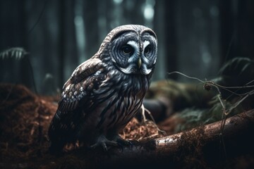 An eerie owl in a spooky forest. Generative AI