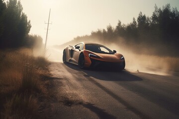 Obraz na płótnie Canvas McLaren sports car drifts off highway. Generative AI