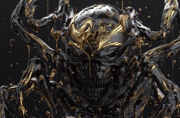 detailed Venom-style creature with opalescent marble skin, black and gold liquid flowing out of its eyes, black and white liquid floating in zero gravity, generated in AI