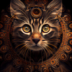 Portrait of a cat with ornament on the background. Zodiac.
