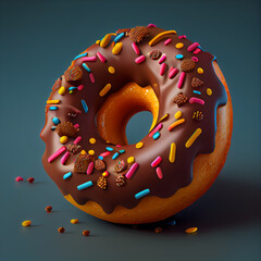 Donut with chocolate icing and sprinkles on dark background. 3d rendering