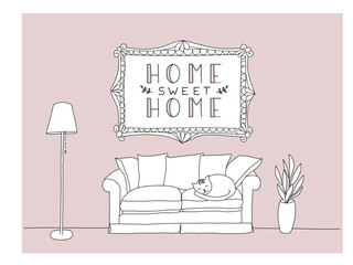 Vector illustration of a living room in a flat style; on the wall a frame with the handwritten phrase "home sweet home".