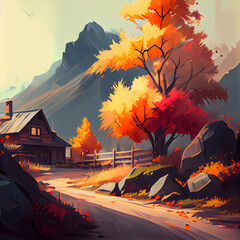 Autumn landscape with a wooden house in the mountains, illustration