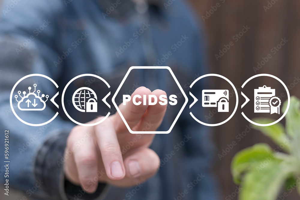 Poster businessman using virtual touch screen clicks abbreviation: pci dss. concept of pcidss - payment car