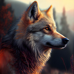 Beautiful wolf in the autumn forest. Digital painting. Illustration.